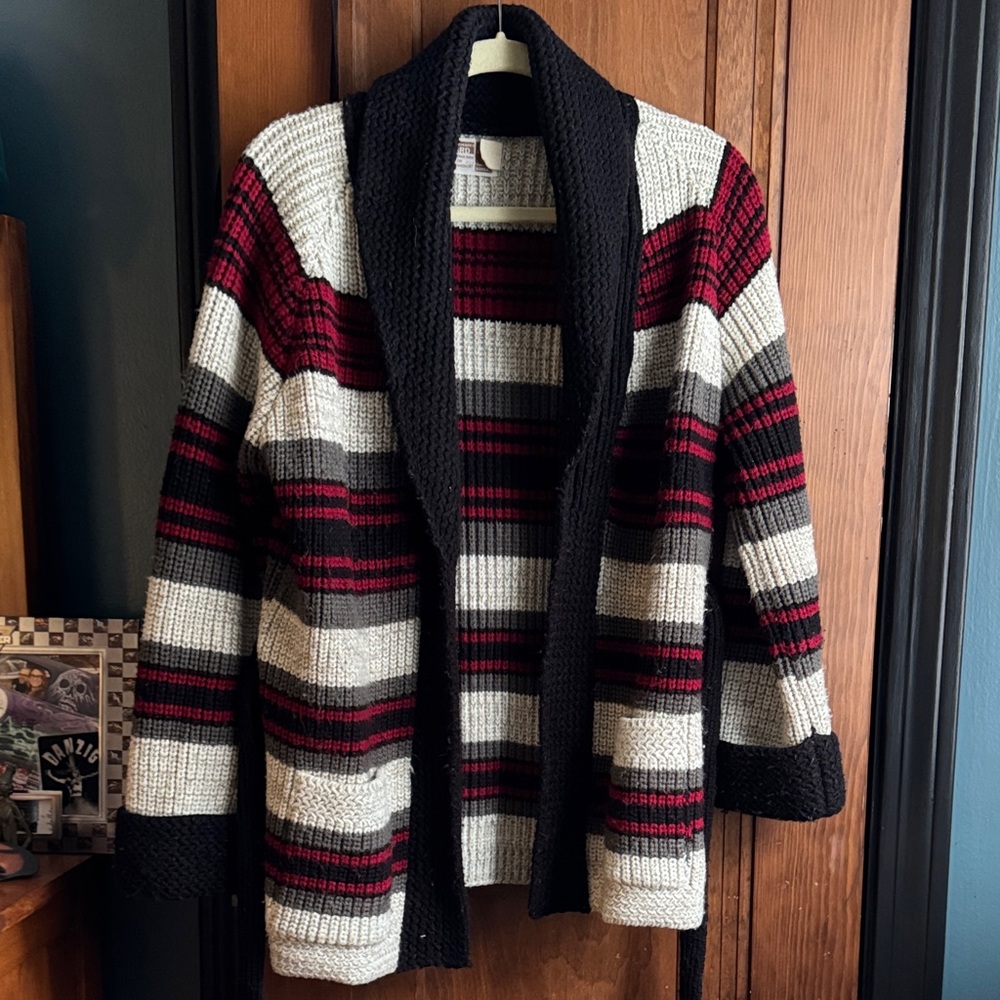 Striped Knit Cardigan with Black Tie Montgomery Ward Vintage L large acrylic